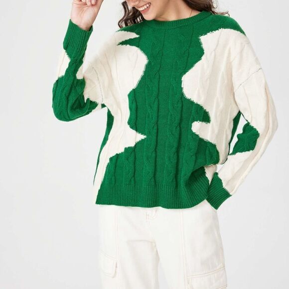 Cider Sweaters - Cider Green White Solid Contrasting Ripple Pattern Oversized Knit Sweater Sz S
